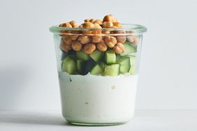 Side view of a clear glass jar of Cottage Cheese Snack Jar recipe