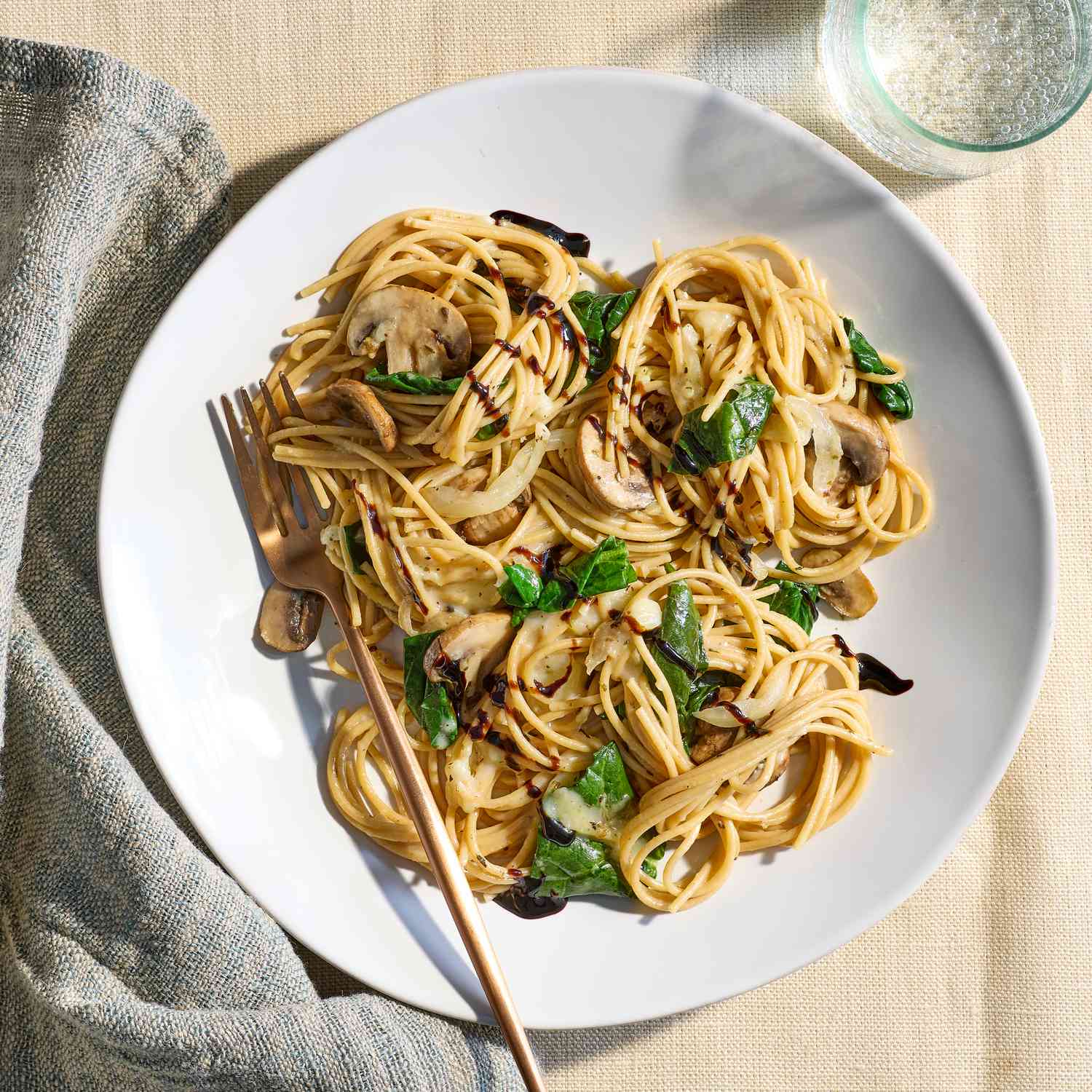 an image of the Spaghetti with Baked Brie, Mushrooms & Spinach