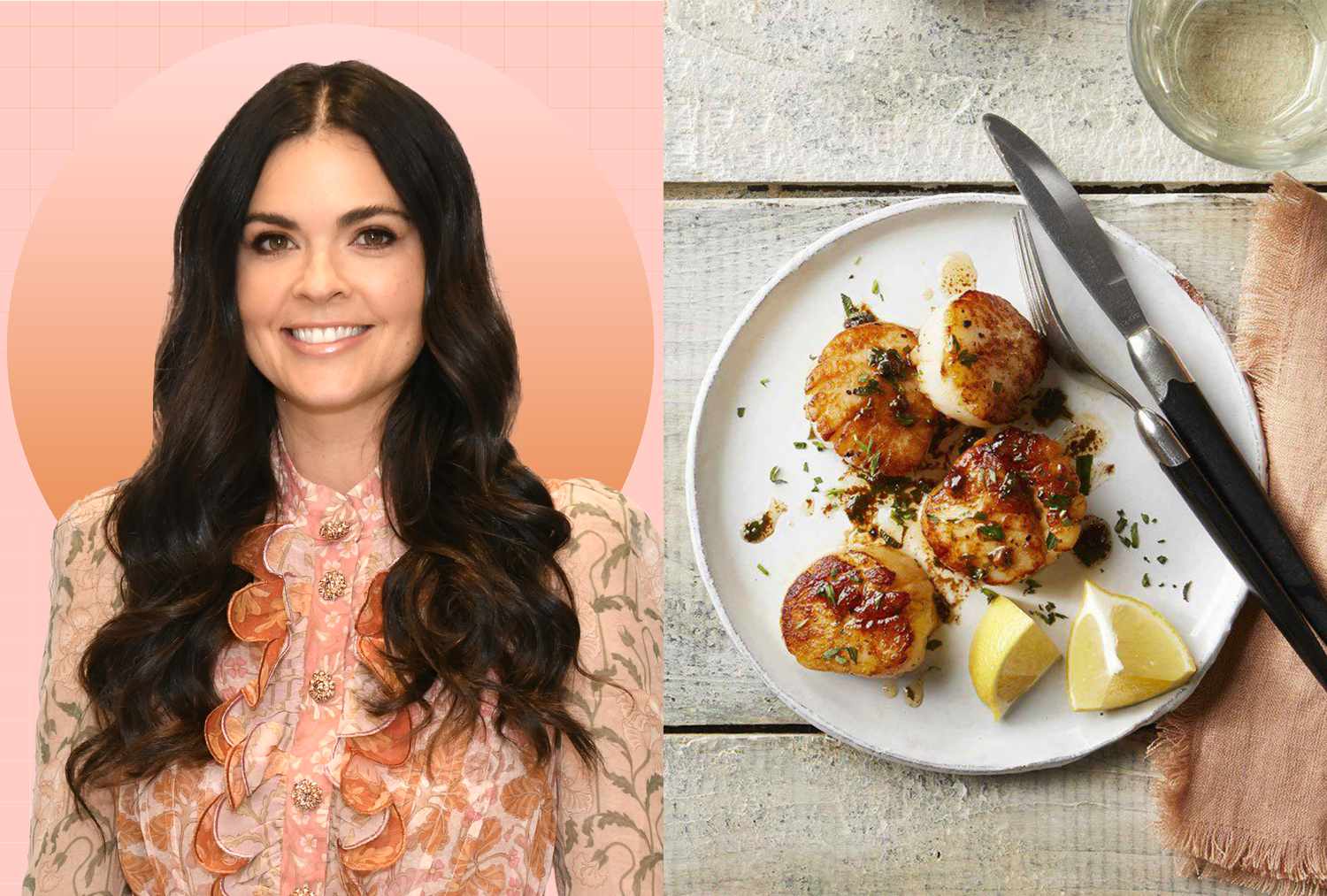 a side by side of Katie Lee Biegel and EatingWell's Brown Butter Scallops