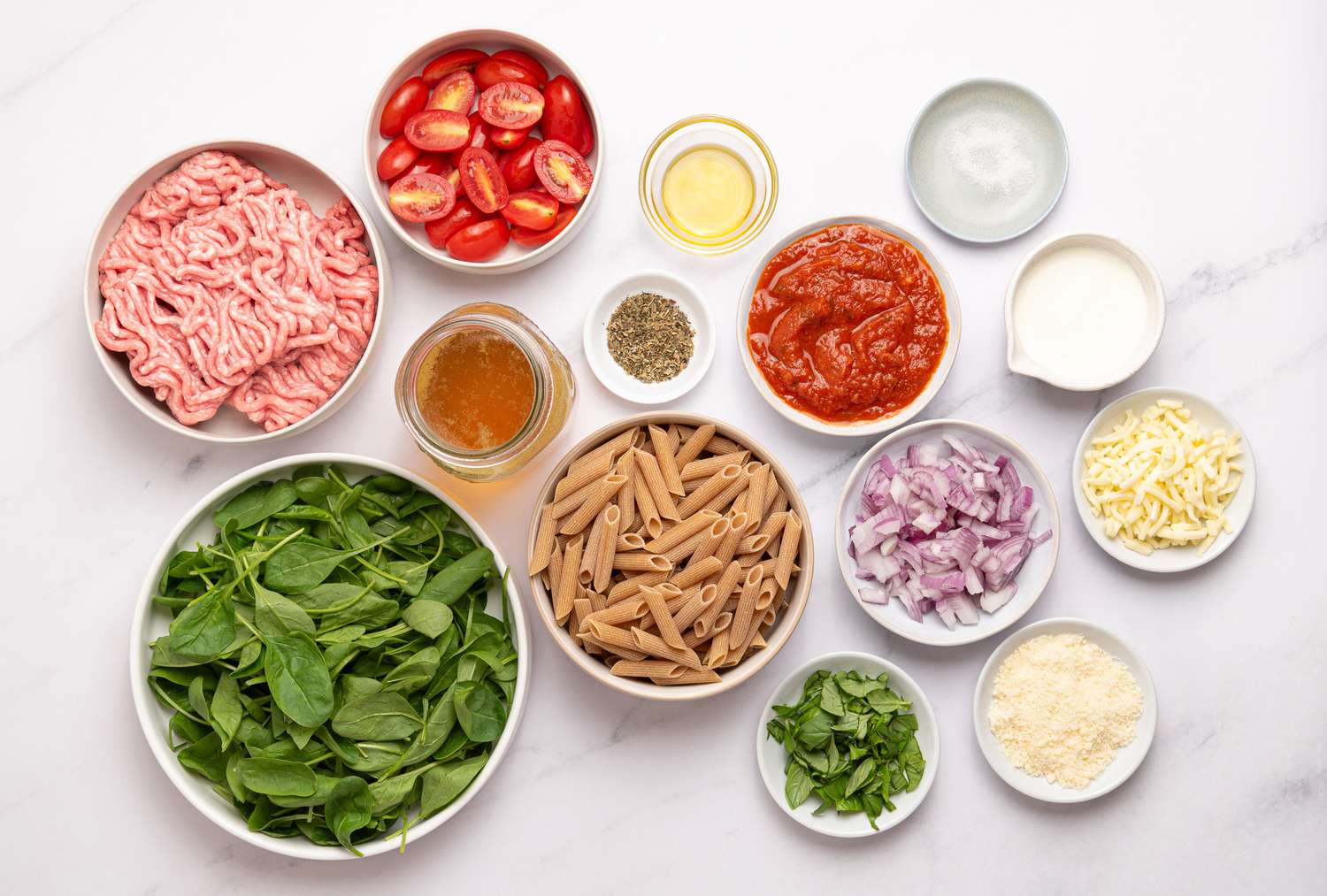 View from above of all ingredients in bowls