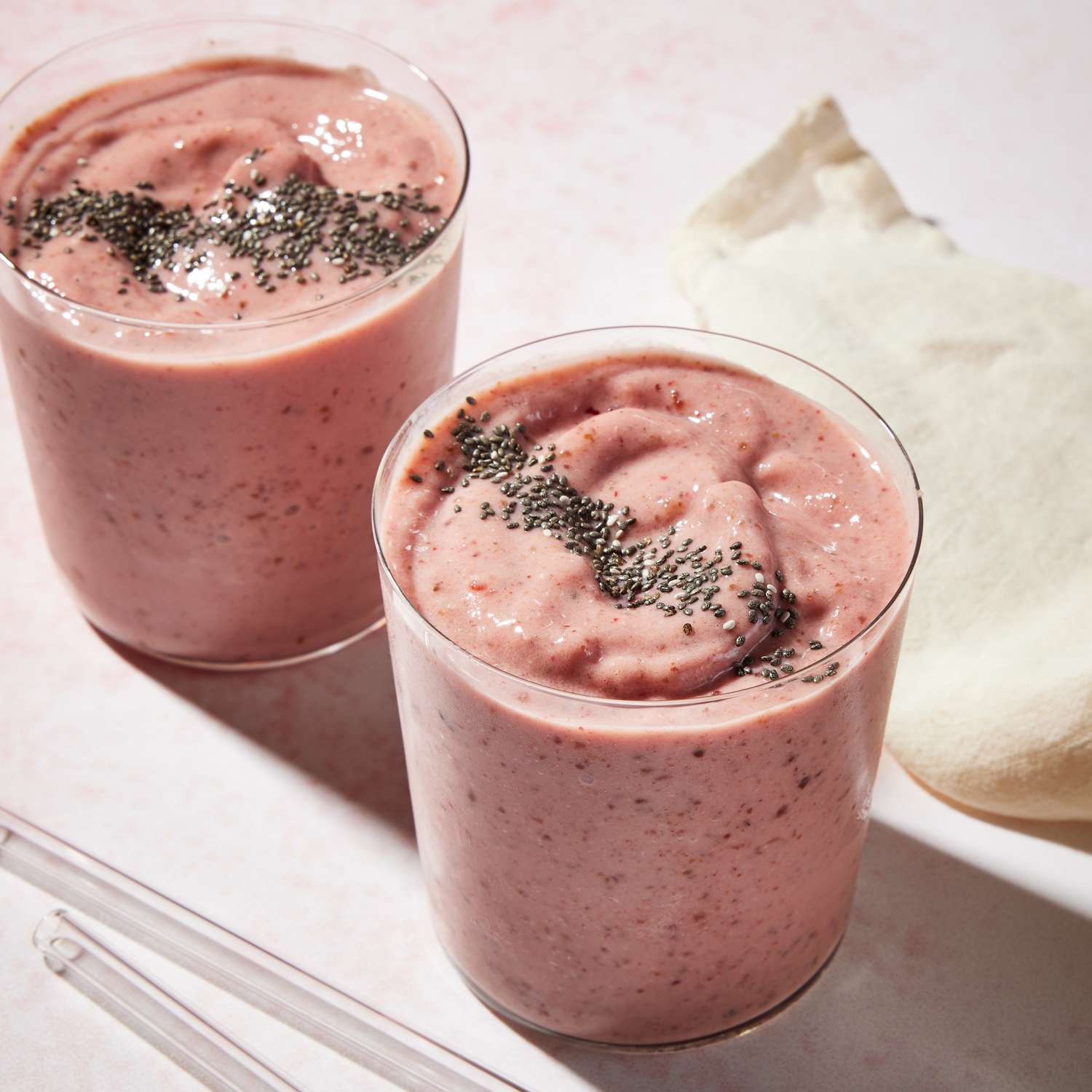 a recipe photo of the Creamy Strawberry-Peach Chia Seed Smoothie 