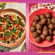 a side by side of EatingWell's Sheet-Pan Chicken Dinner and Gut-Friendly Energy Balls 