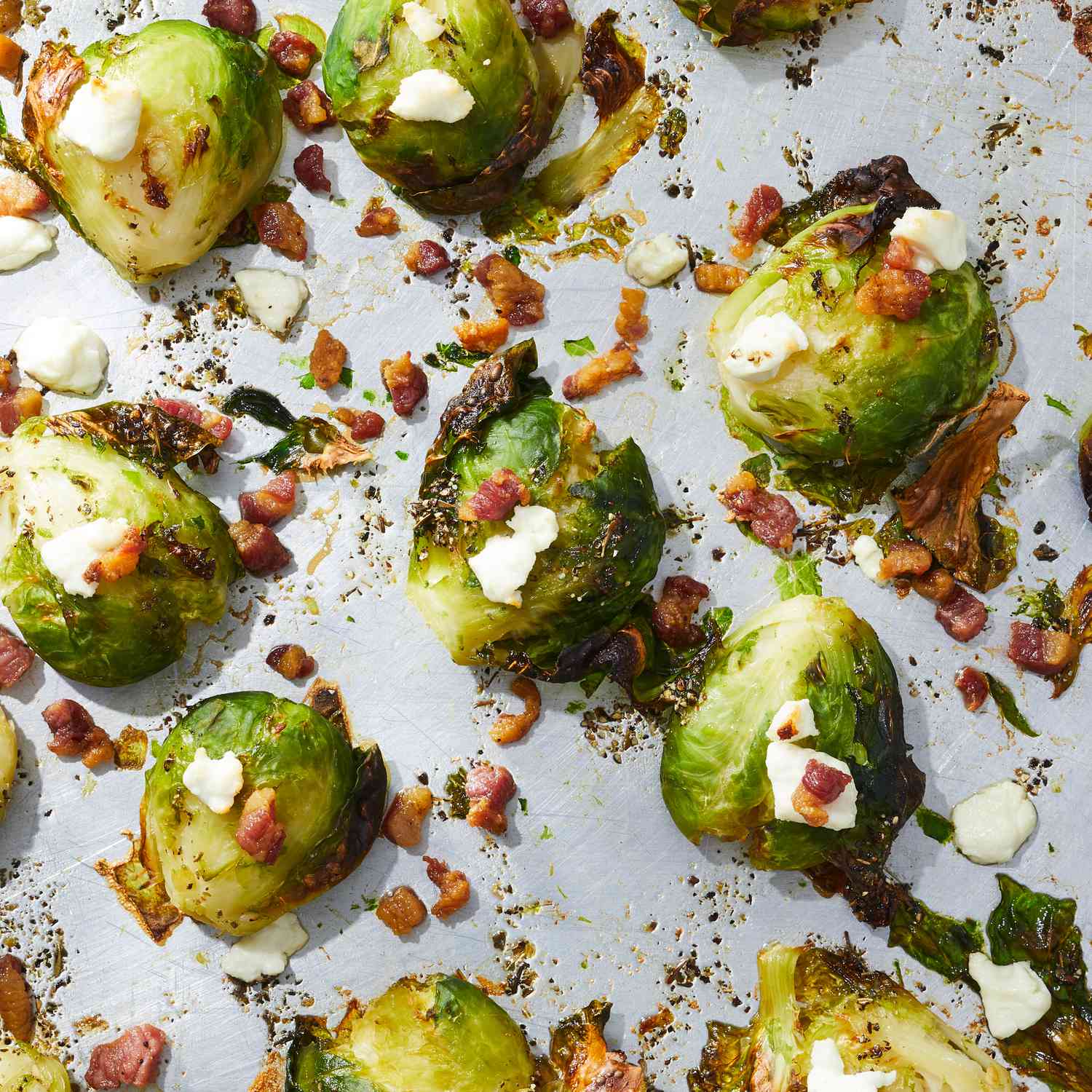 Crispy Smashed Brussels Sprouts with Goat Cheese & Pancetta
