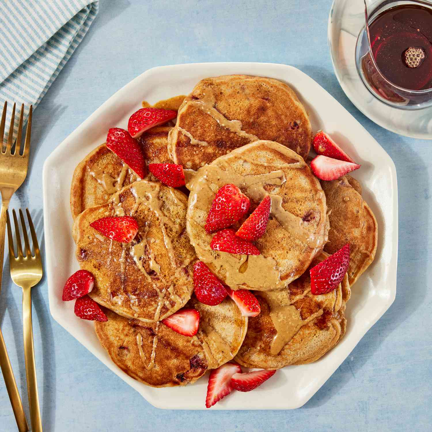 a recipe photo of the Peanut Butter–Strawberry Pancakes