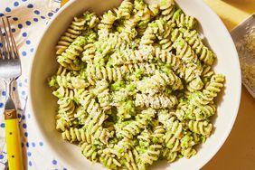 Overhead view of a bowl of Creamy Green Pea Pesto Pasta recipe