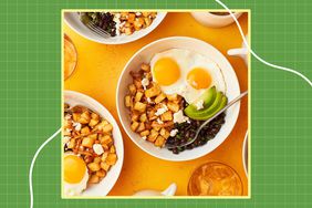 Bowls of breakfast food with eggs, vegetables, and potatoes