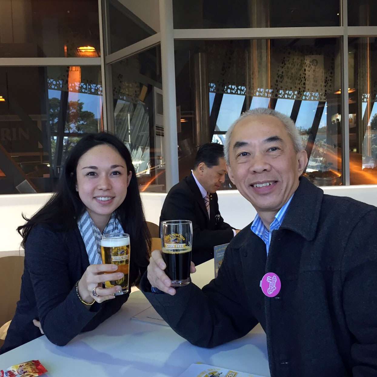 Breana Lai Killeen and her father at the Kirin beer factory in Japan