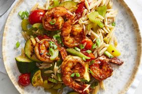 Peppery Barbecue-Glazed Shrimp with Vegetables & Orzo