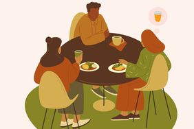 People sitting at a table eating and drinking a a thought bubble over one person's head showing a glass of juice