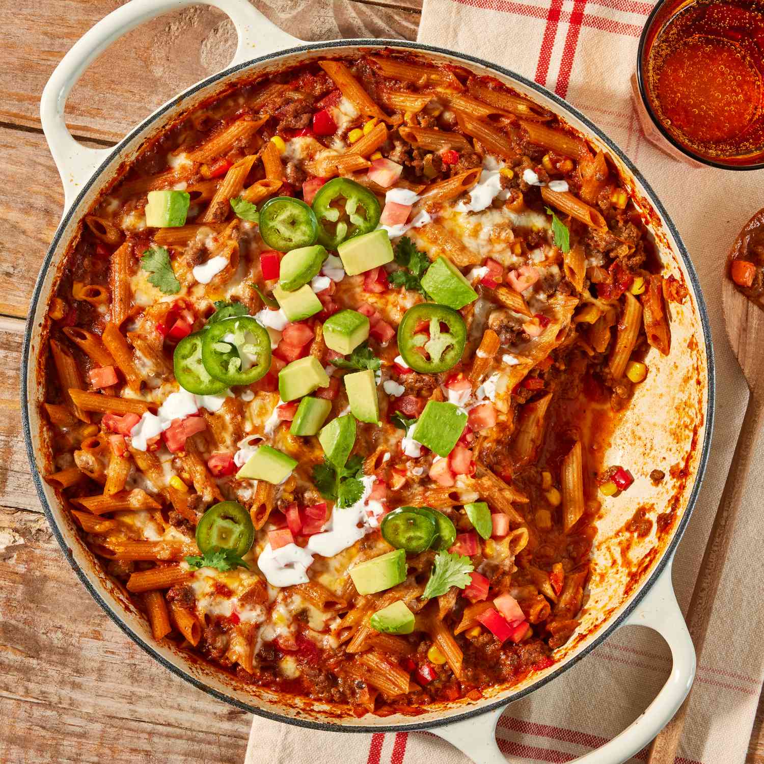 an image of the Taco Pasta Bake in a skillet