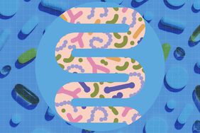 a collage featuring an illustration of a gut and a photo of various supplements