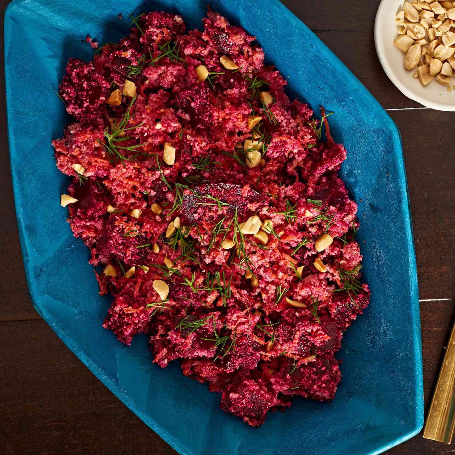 Beet & Fonio Salad with Spicy Pickled Carrots in blue bowl