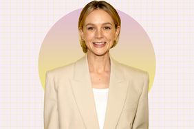 Carey Mulligan smiling, wearing a light-colored jacket and a white top, with a graphic pastel background
