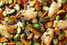 Maple-Roasted Chicken Thighs with Sweet Potato Wedges and Brussels Sprouts