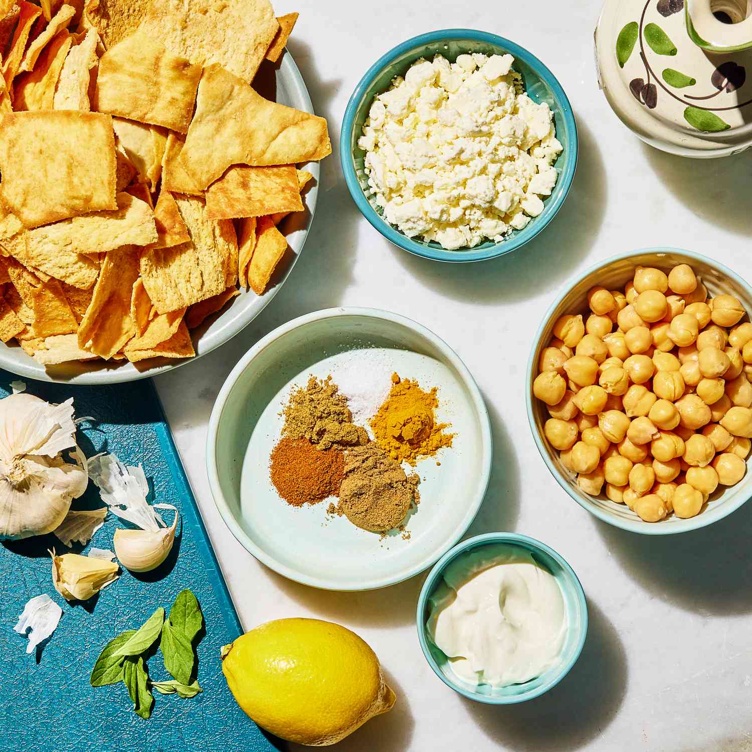 a photo of the ingredients to make the Crispy Chickpeas over Whipped Feta 