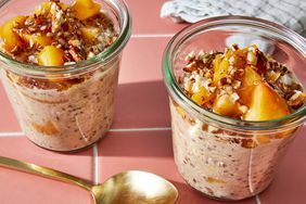 overnight oats in small jars garnished with fruit and seeds - Overnight Oats with Chia Seeds