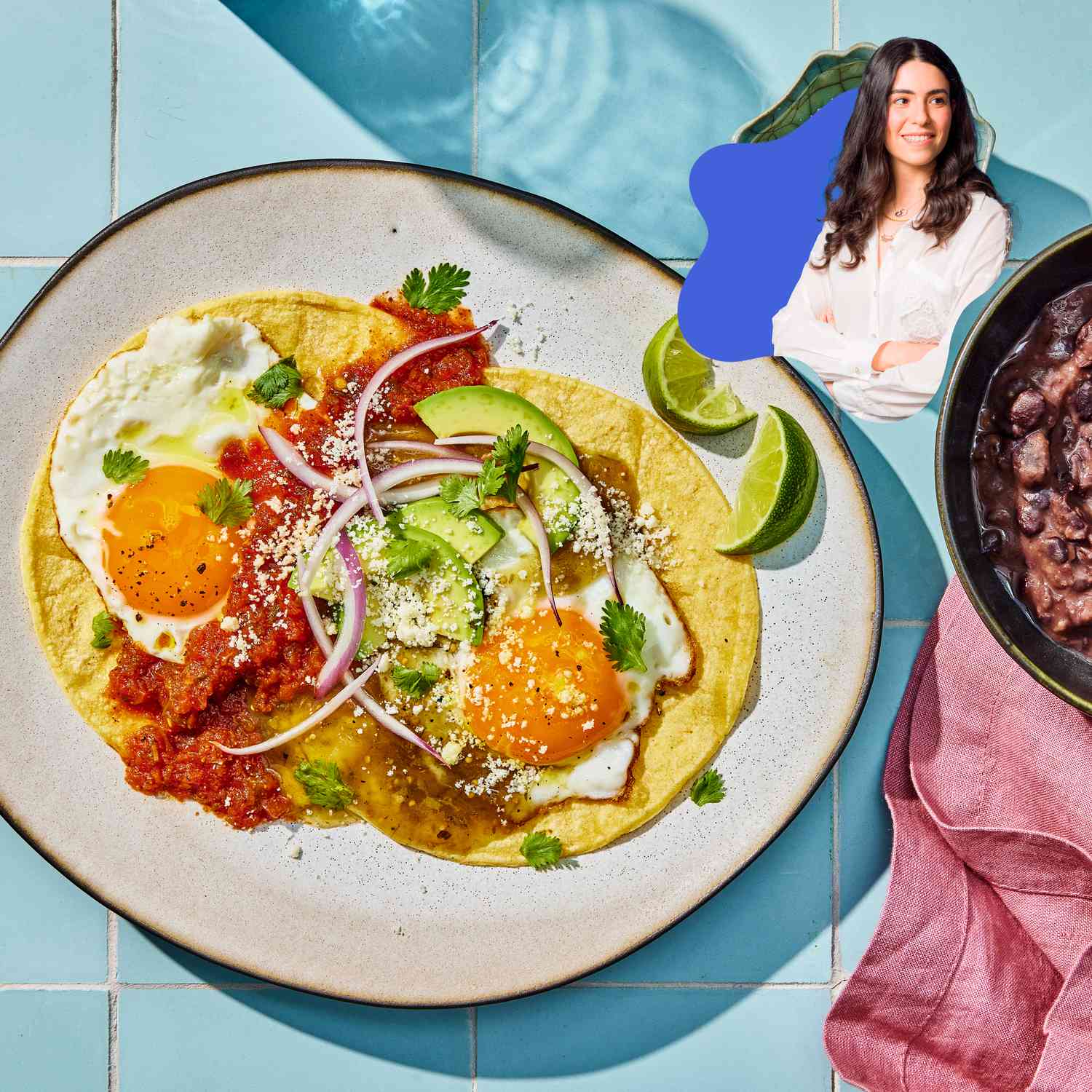 Huevos Divorciados with an inset photo of the recipe contributor on it