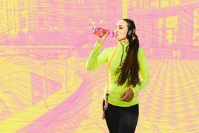 A person drinking from a bottle while wearing sportswear and headphones