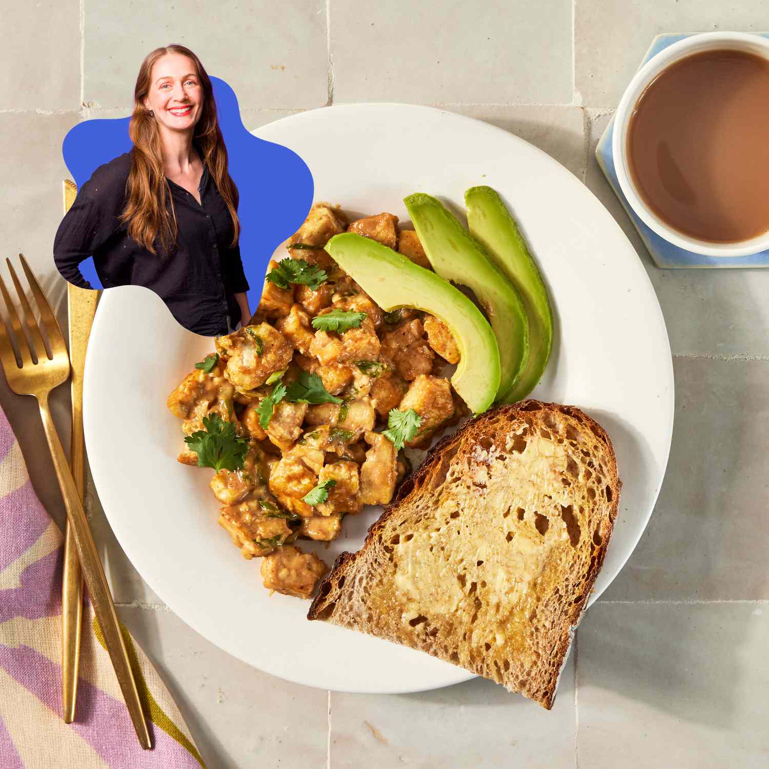 Tofu Scramble with Peanut-Ginger Sauce & Avocado with inset photo of recipe contributor