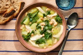 Overhead view of a bowl of Chicken & Kale Soup recipe
