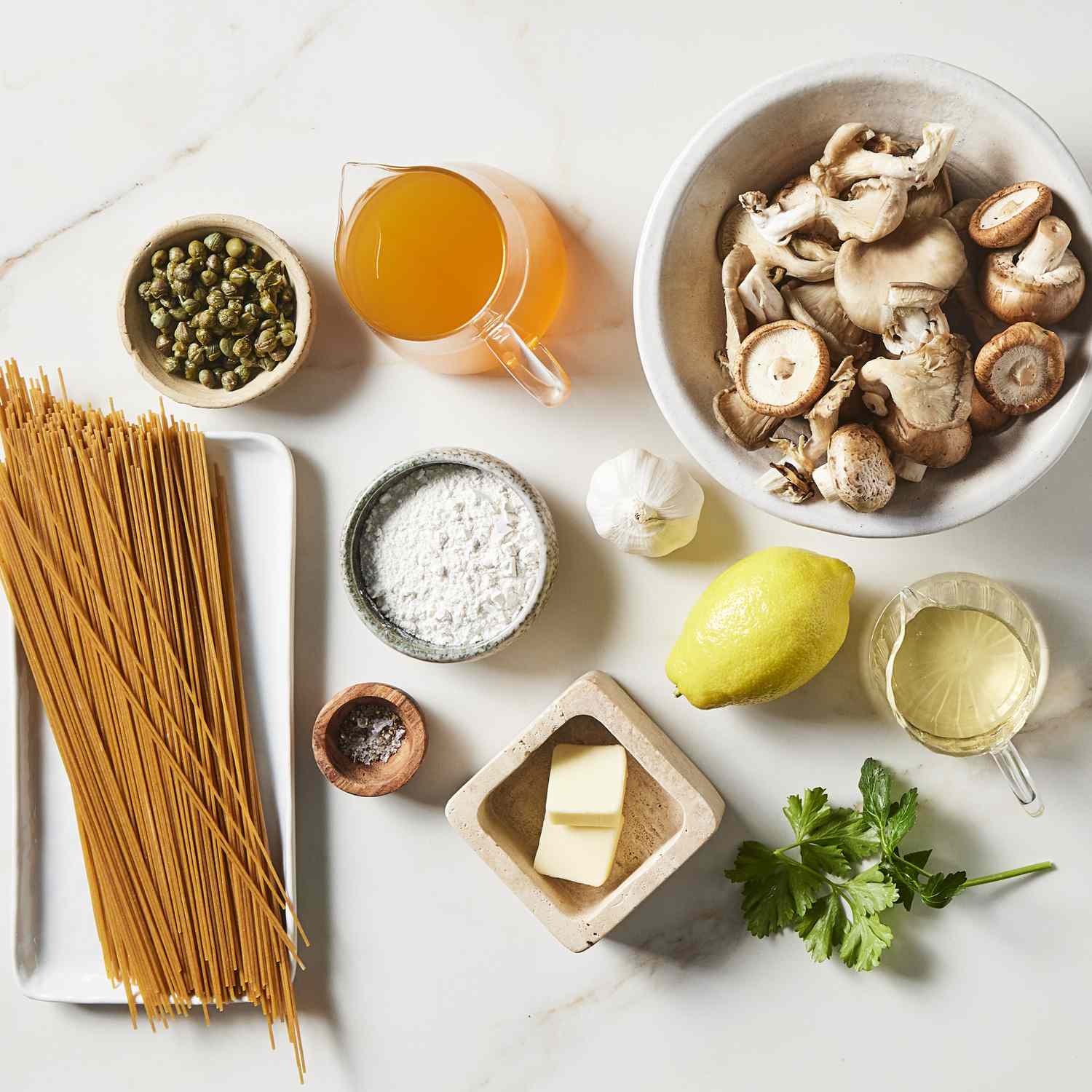 the ingredients to make the Mushroom Piccata Pasta