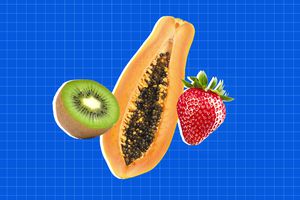 a collage featuring kiwi, papaya, and a strawberry
