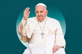Pope Francis raising one hand in a gesture against a green background
