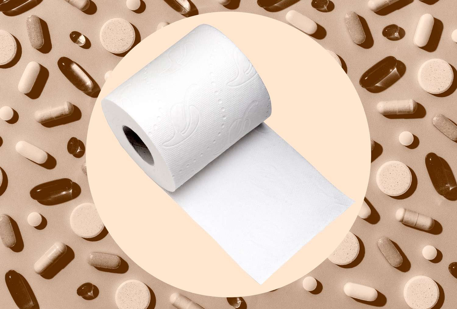 a collage featuring a supplements background and a roll of toilet paper