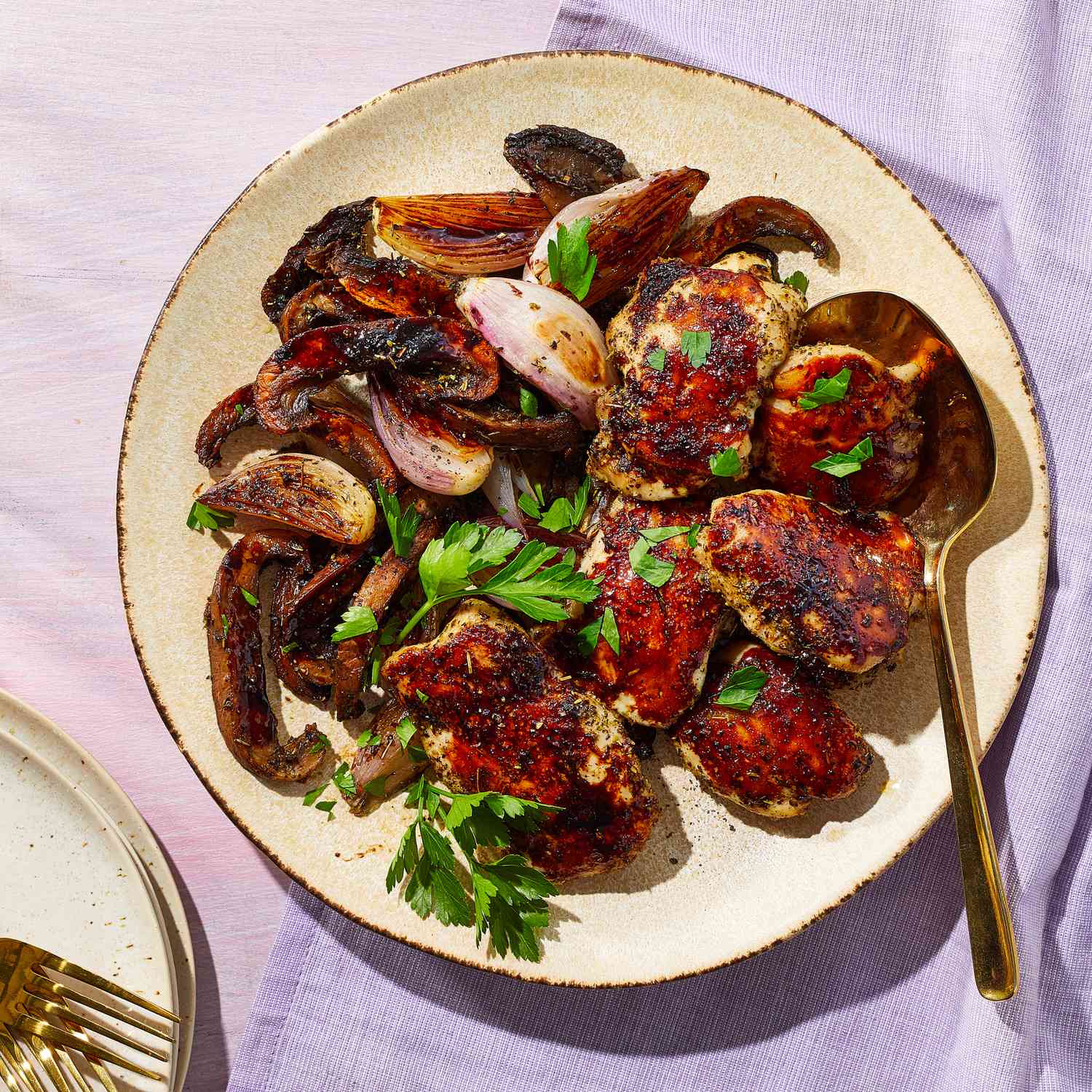 Balsamic-Roasted Chicken Thighs with Portobellos & Shallots